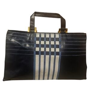 Vintage BRACCIALINI FIRENZE Leather Tote Bag In Navy/blue White Stripe Pattern.